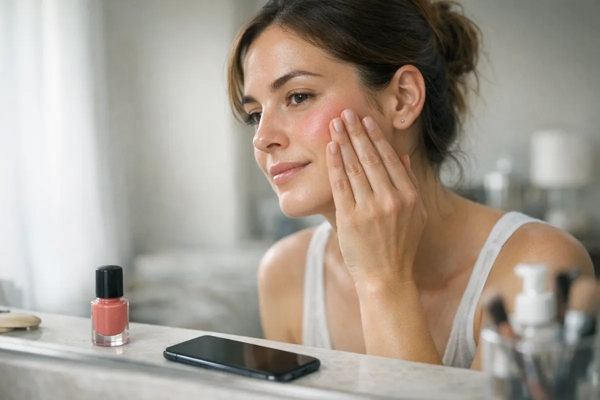 Donna allo specchio che sfuma il blush liquido sulle guance con le dita, con boccetta e smartphone sul lavabo