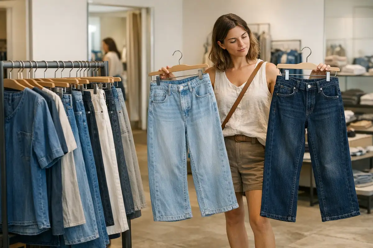 Donna in negozio di abbigliamento confronta due paia di jeans, uno chiaro e uno scuro, davanti a una rastrelliera di denim