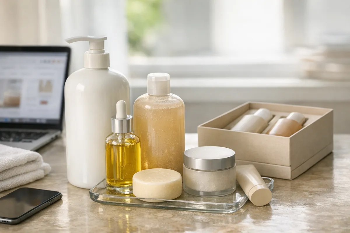 Prodotti body care su un vassoio in bagno, con flacone jumbo, olio, detergente e set regalo accanto a laptop e telefono