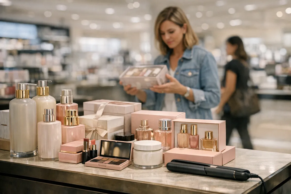 Espositore con prodotti beauty e cofanetti regalo in profumeria, con cliente che osserva un set