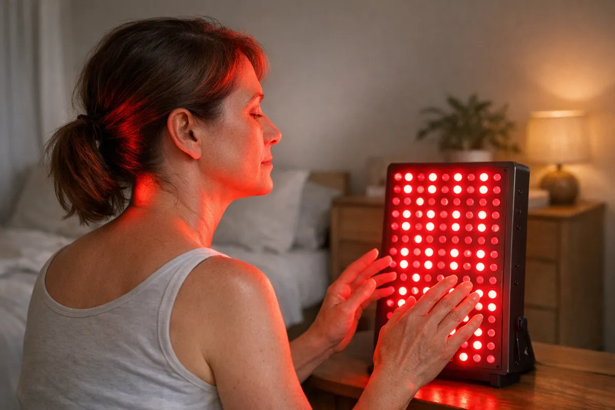 Donna seduta in camera da letto usa un pannello a LED a luce rossa, con viso e mani illuminati dal bagliore