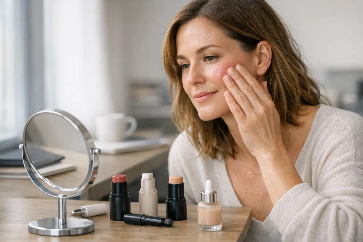 Donna applica blush in crema sulla guancia davanti a uno specchio da tavolo, con prodotti make-up essenziali sul tavolo