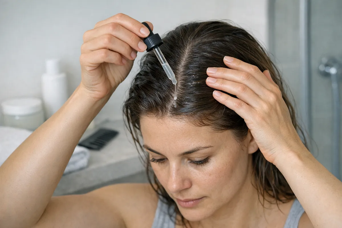 Donna con capelli bagnati applica un trattamento liquido sul cuoio capelluto con un contagocce in bagno