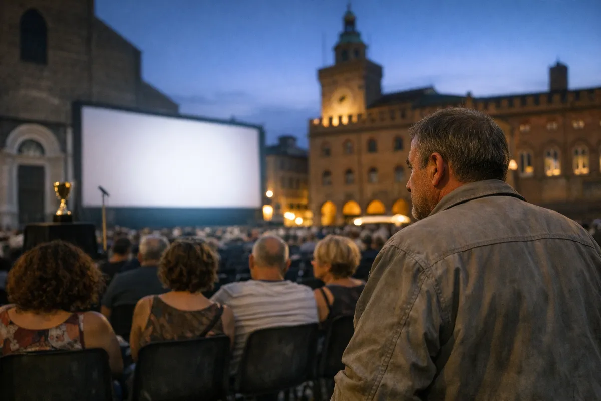 Uomo in giacca tra il pubblico davanti a un grande schermo per cinema all’aperto in una piazza storica