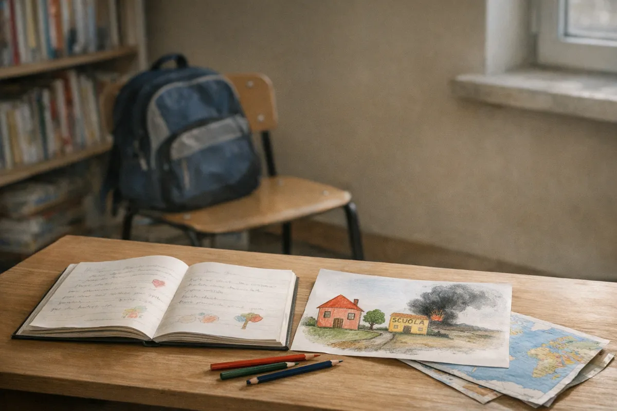 Quaderno aperto con lettere e disegni, matite colorate e disegno di scuola con fumo, zaino su una sedia