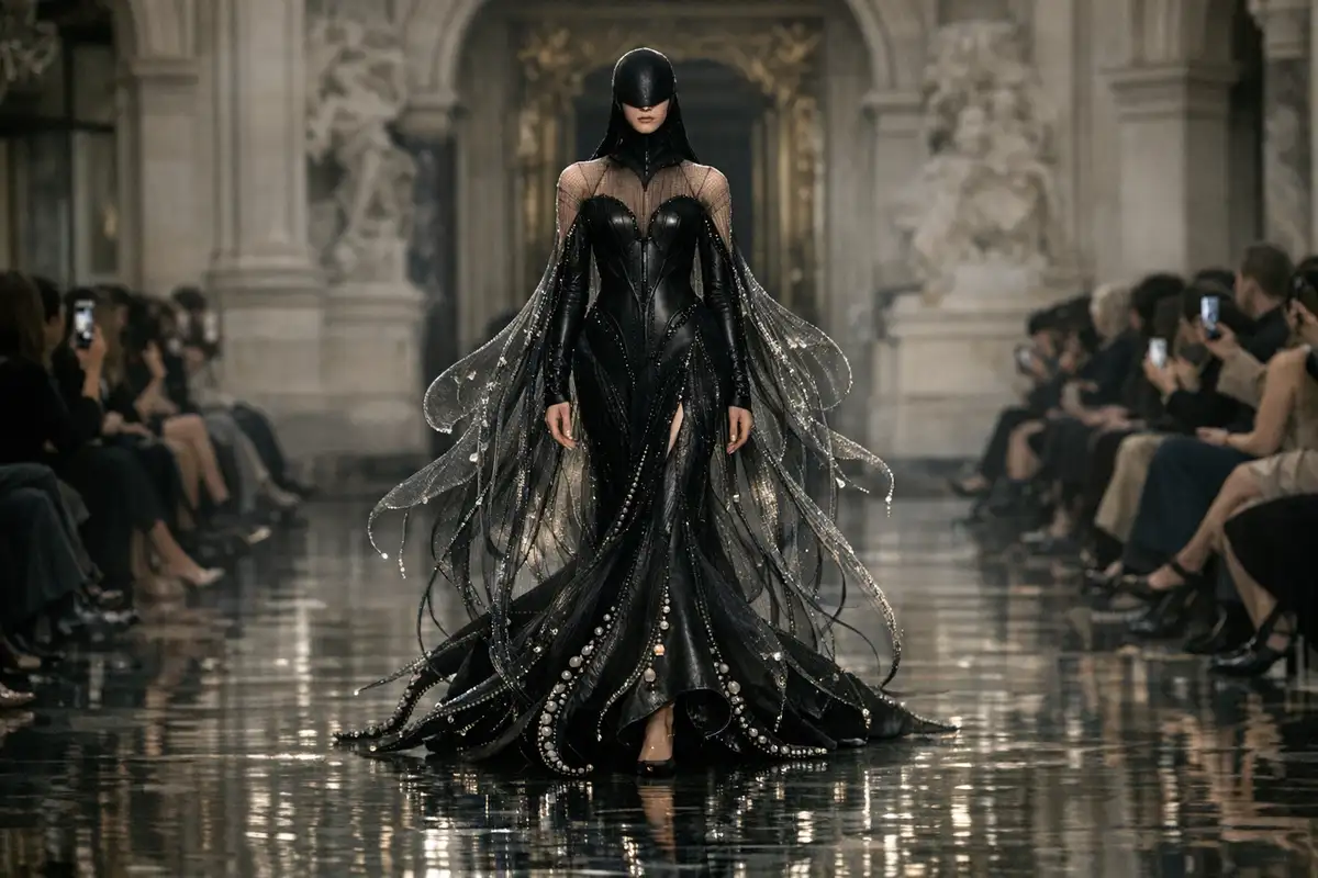 Modella in passerella con abito couture nero dai dettagli a tentacoli e perle, su runway lucida con pubblico ai lati