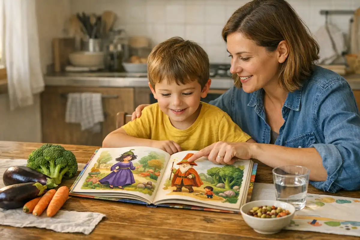 Mamma e bambino leggono un libro illustrato a tavola, con broccoli, melanzane e carote accanto
