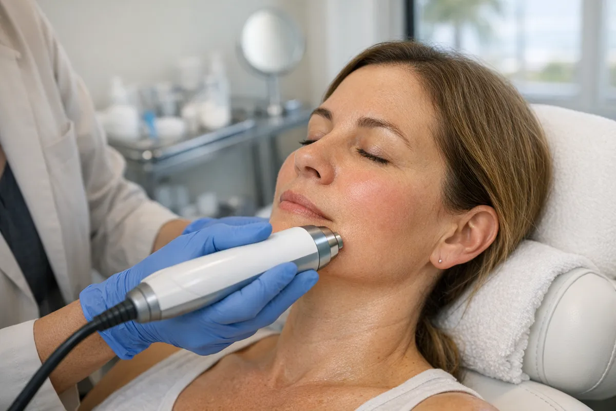 Paziente su lettino mentre un medico usa un manipolo sul profilo mandibolare in una clinica dermatologica
