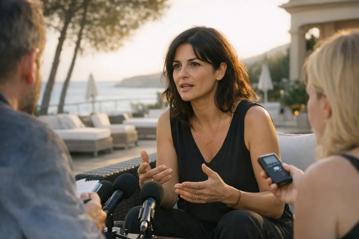 Attrice intervistata su una terrazza vista mare al tramonto, con microfoni e registratore puntati verso di lei