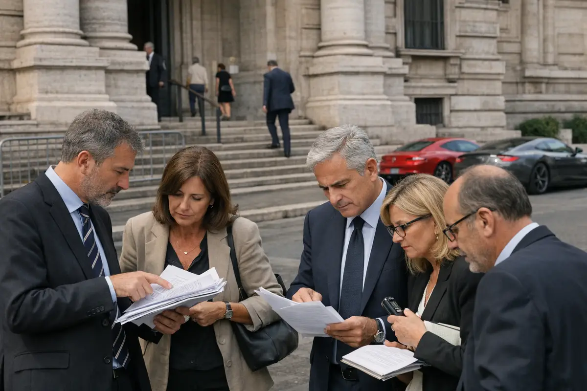 Avvocati e cronisti consultano fascicoli davanti a un palazzo di giustizia, con auto sportive sullo sfondo