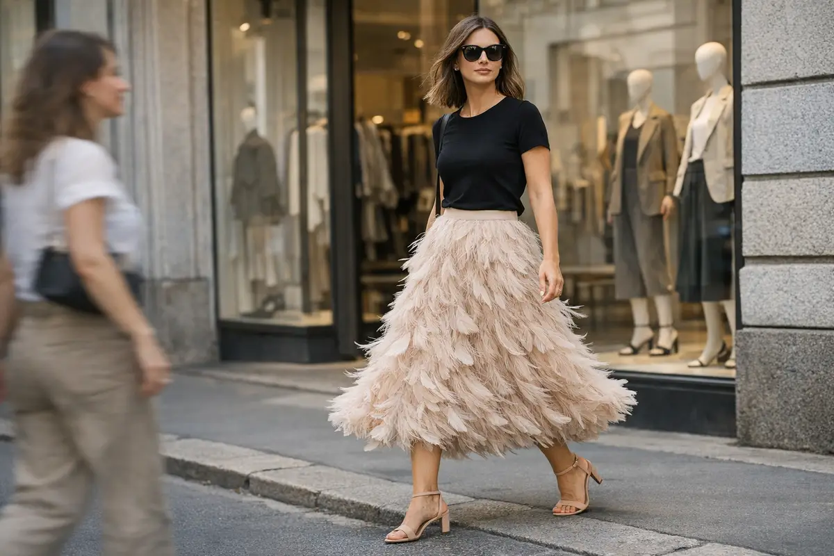 Donna in top nero e gonna midi beige con piume che cammina davanti a una vetrina di negozio