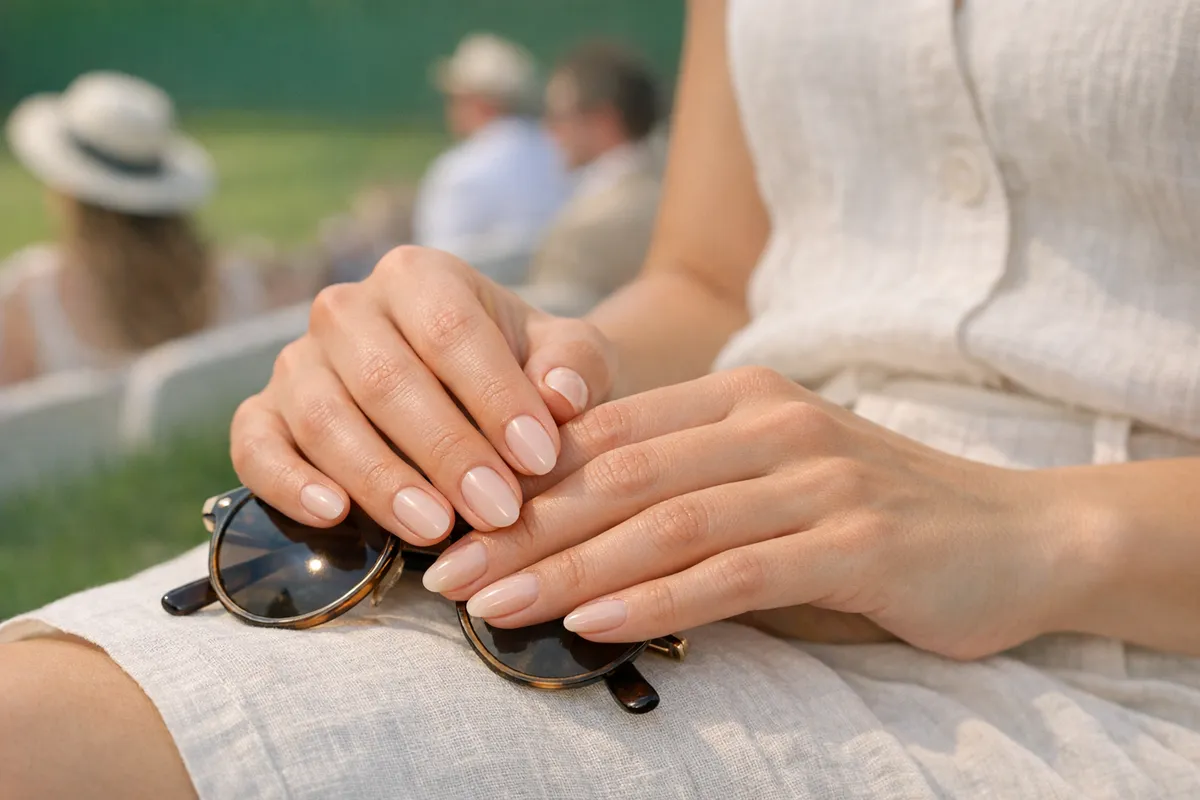 Mani con unghie a mandorla color nude lattiginoso lucido, appoggiate su un vestito chiaro e occhiali da sole