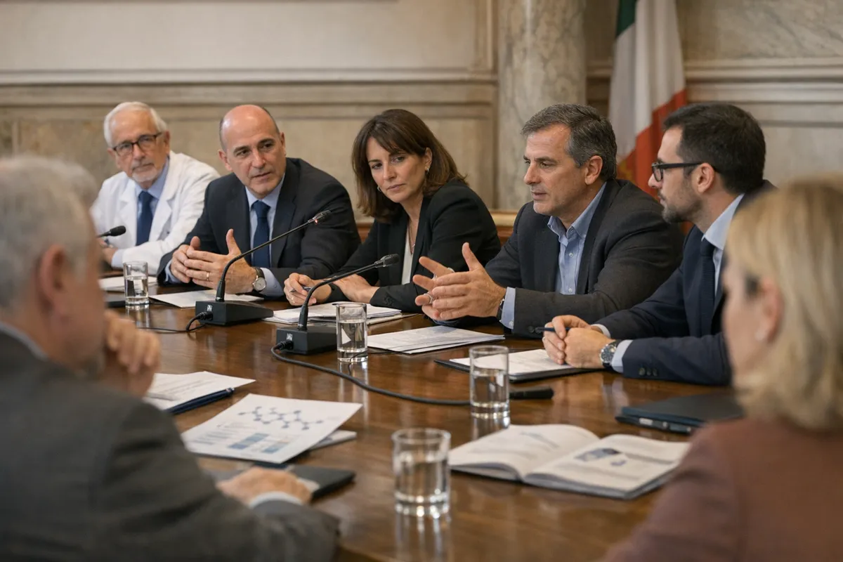 Tavolo di conferenza con relatori in abiti formali, microfoni e documenti su ricerca e sanità