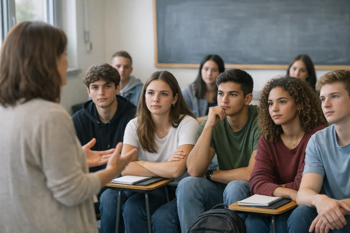 Insegnante di spalle parla a un gruppo di adolescenti seduti ai banchi in classe, ascolto attento e serio