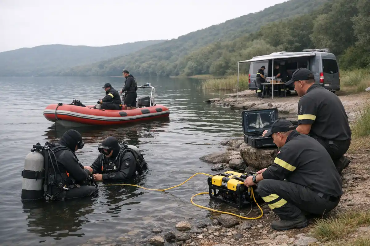 Sommozzatori e tecnici dei soccorsi al lavoro sulla riva di un lago con gommone, sonar e robot subacqueo