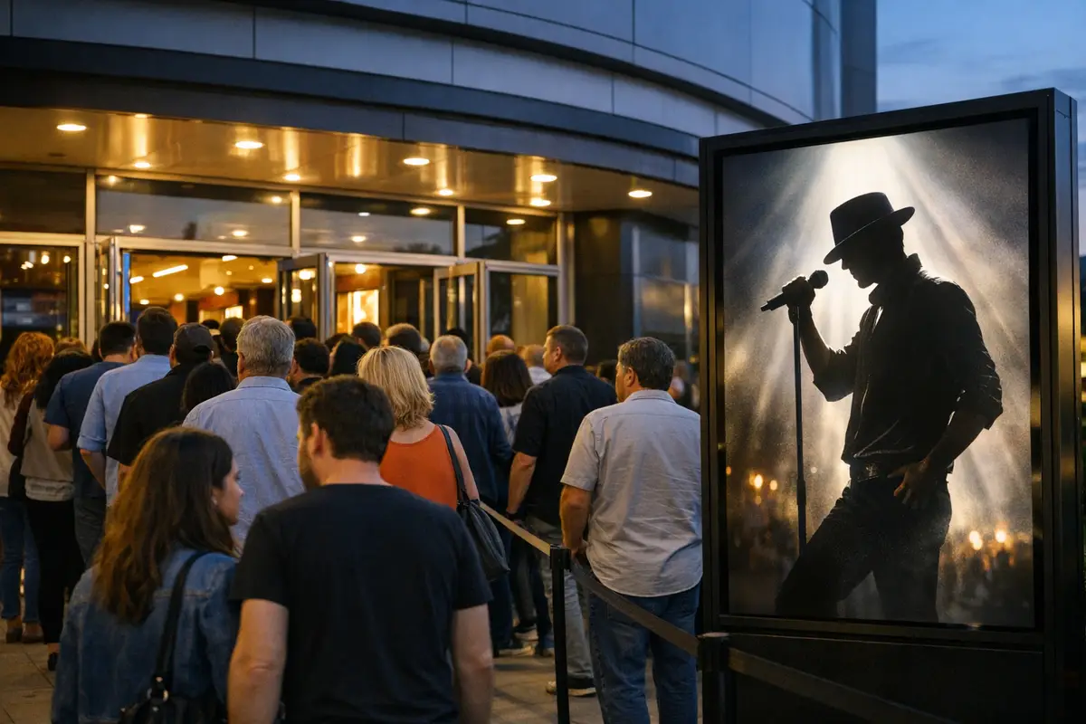 Coda di spettatori davanti all’ingresso di un multisala al tramonto, con poster di un cantante in silhouette sotto un
