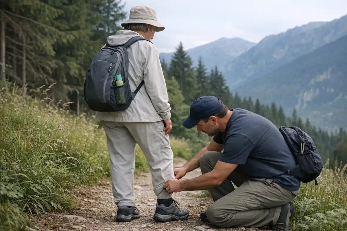 Escursionista anziana su un sentiero alpino mentre un uomo controlla la caviglia dei pantaloni, con montagne sullo sfondo