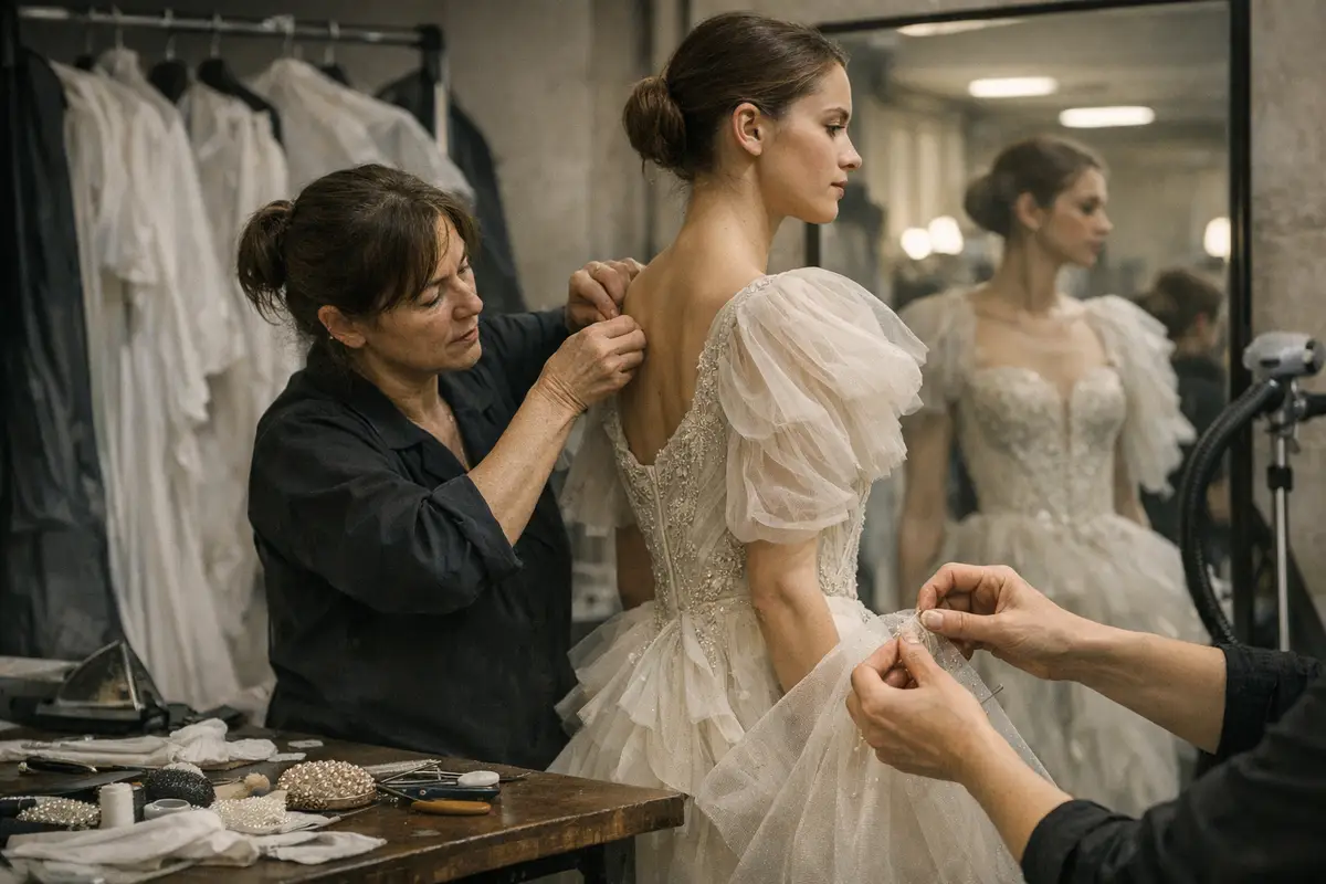 Sarta aggiusta l’abito couture avorio su una modella davanti allo specchio, tra grucciaie e tavolo con strumenti da cucito
