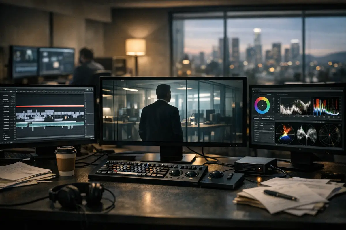 Suite di post-produzione con tre monitor di montaggio e color grading e figura in ufficio sullo schermo, skyline al tramonto