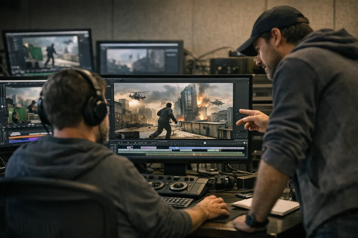 Tecnici di post-produzione al lavoro su monitor con timeline di montaggio e scena d’azione urbana con elicotteri