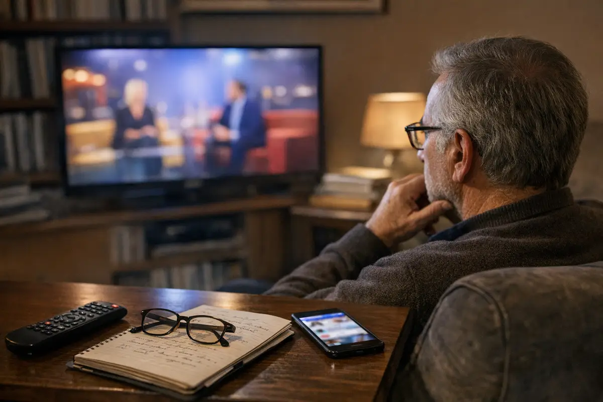 Uomo anziano di spalle guarda la TV; sul tavolo telecomando, taccuino con appunti, occhiali e smartphone acceso