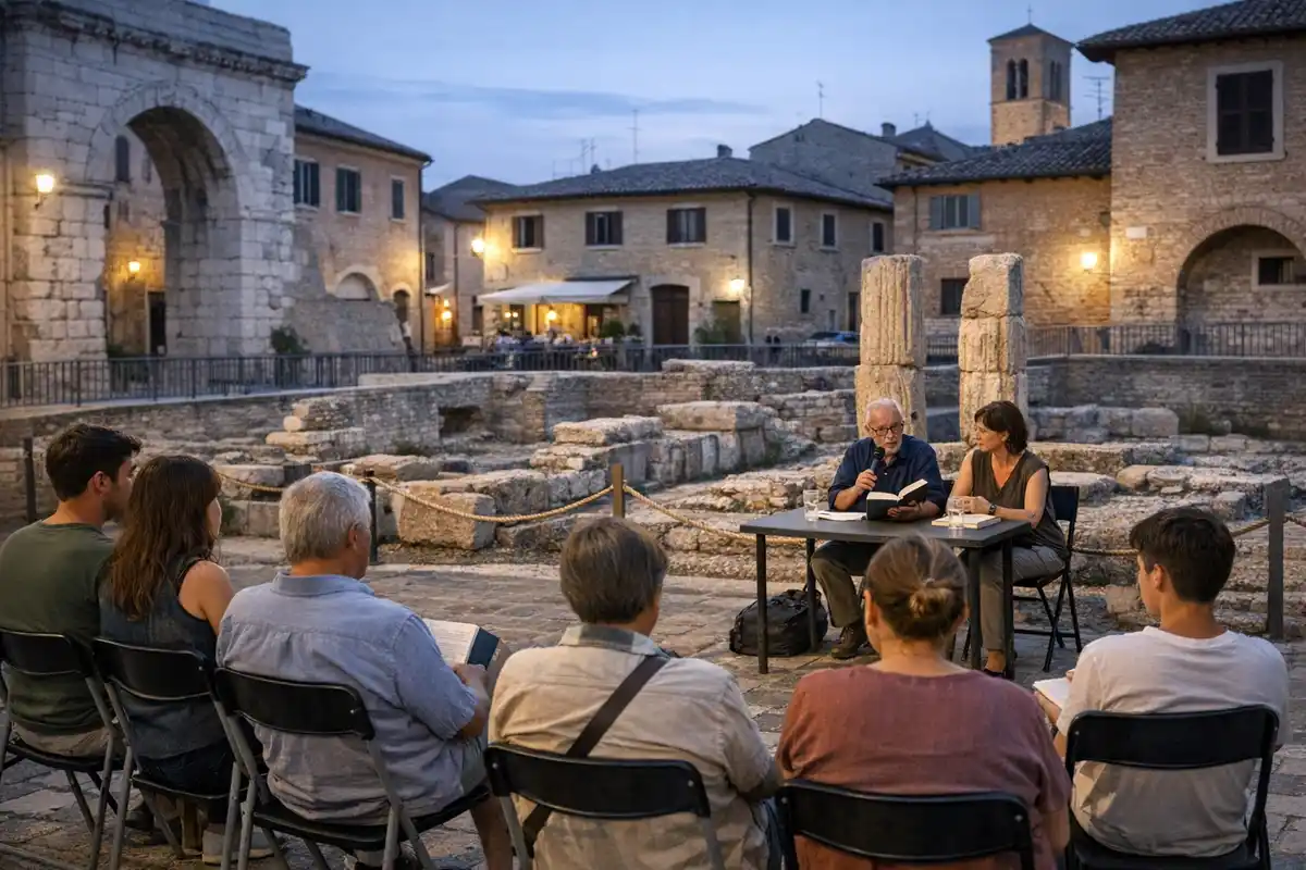 Presentazione di un libro all’aperto al tramonto, con pubblico seduto davanti a rovine e colonne in pietra