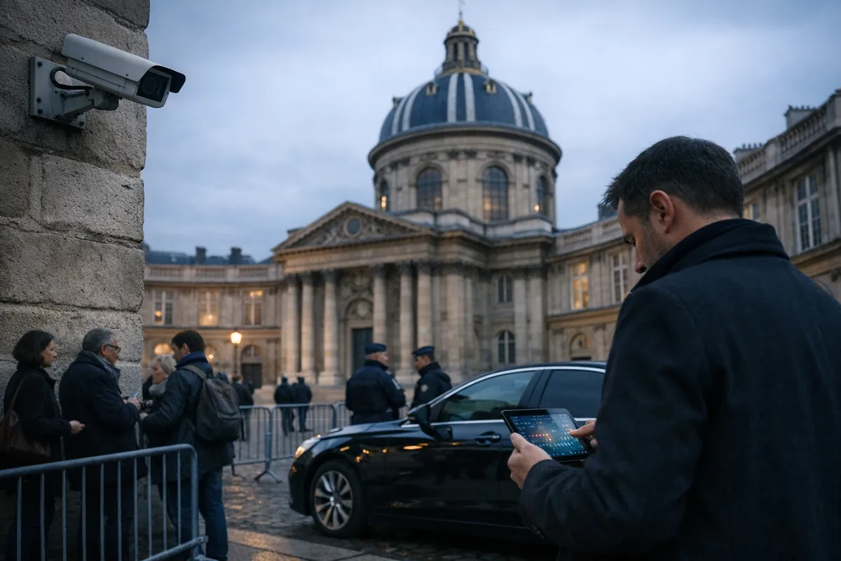 Telecamera di sorveglianza su muro, edificio con cupola e uomo con tablet vicino a barriere e auto scura