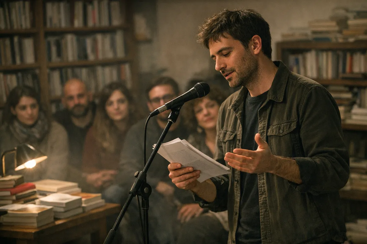 Poeta legge fogli al microfono davanti a un piccolo pubblico in una libreria, con scaffali e pile di libri