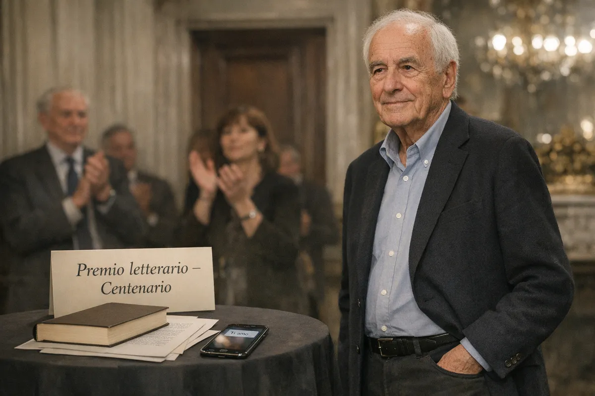 Scrittore anziano a una cerimonia letteraria, con cartello “Premio letterario – Centenario”, libro e smartphone con “Ti amo