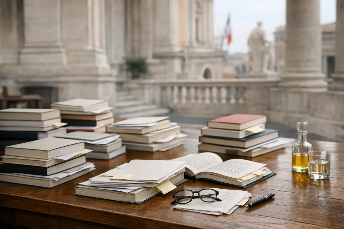 Pile di libri e manoscritti su un tavolo di legno con occhiali, penna e caraffa, sullo sfondo colonne e bandiera italiana