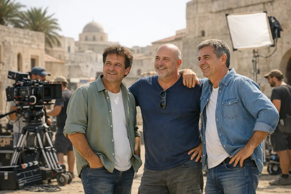 Tre attori sorridenti sul set all’aperto, con cinepresa su treppiede e luci in una piazza mediterranea