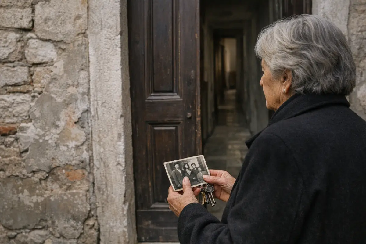 Donna anziana davanti a una porta socchiusa, con vecchie chiavi e una foto di famiglia tra le mani