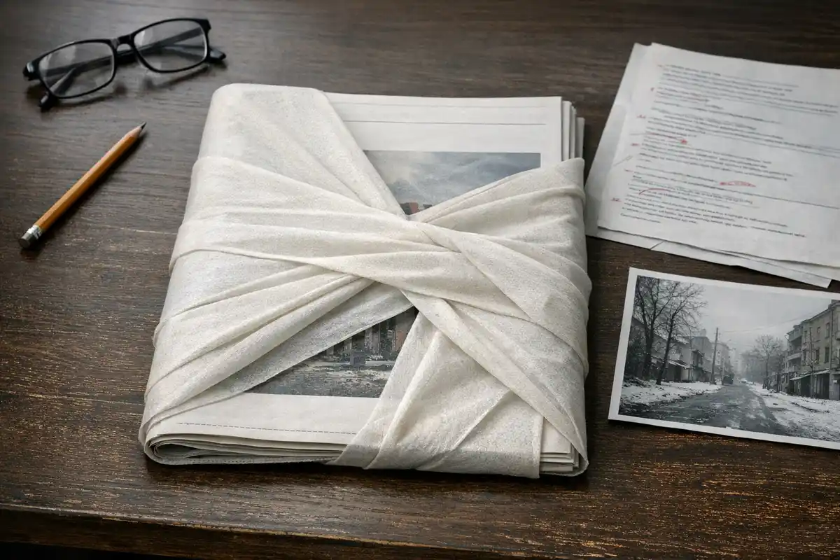 Supplemento di giornale avvolto in tessuto bianco su una scrivania, con occhiali, matita e foto di strada invernale