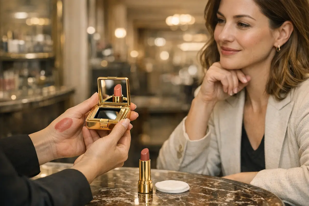 Consulente mostra un rossetto in custodia dorata con specchietto a una donna seduta al banco di una boutique