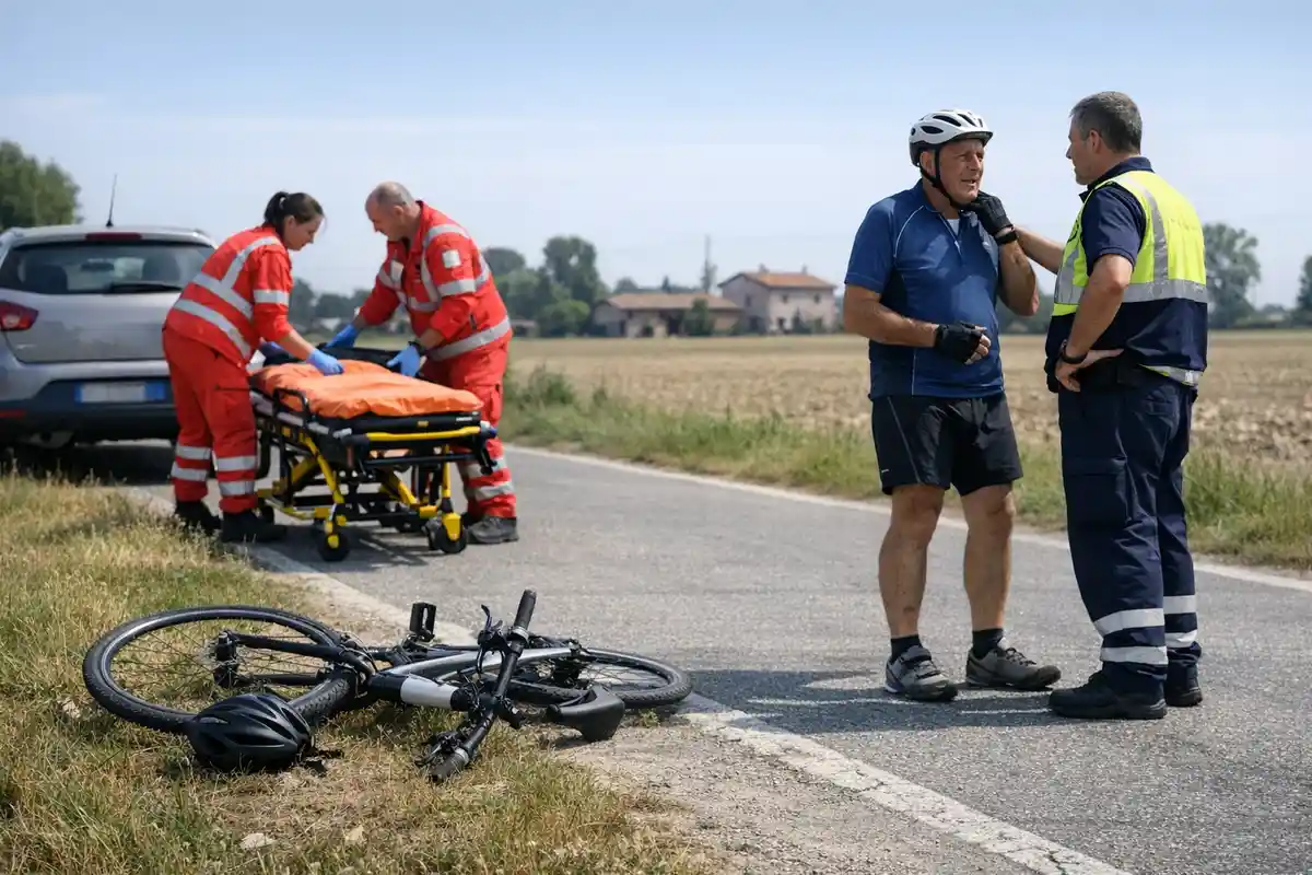 Bicicletta e casco a terra su strada di campagna, con soccorritori e barella vicino a un’auto parcheggiata