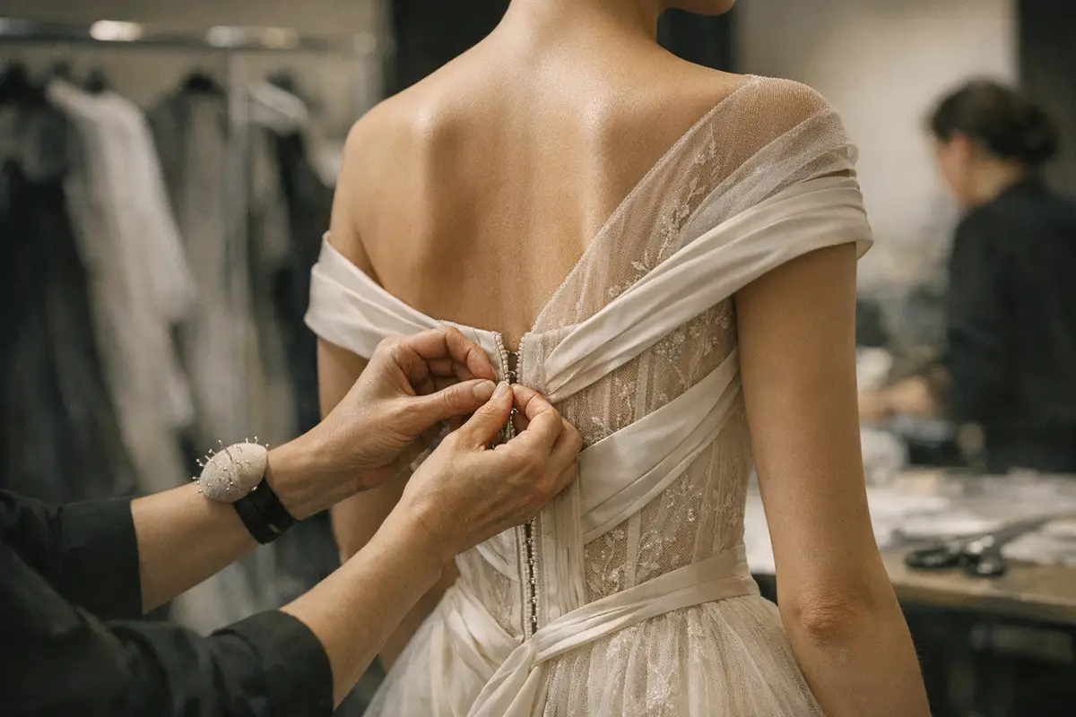 Mani di una sarta che chiudono i ganci sul retro di un abito couture avorio, con tulle e ricami, in backstage