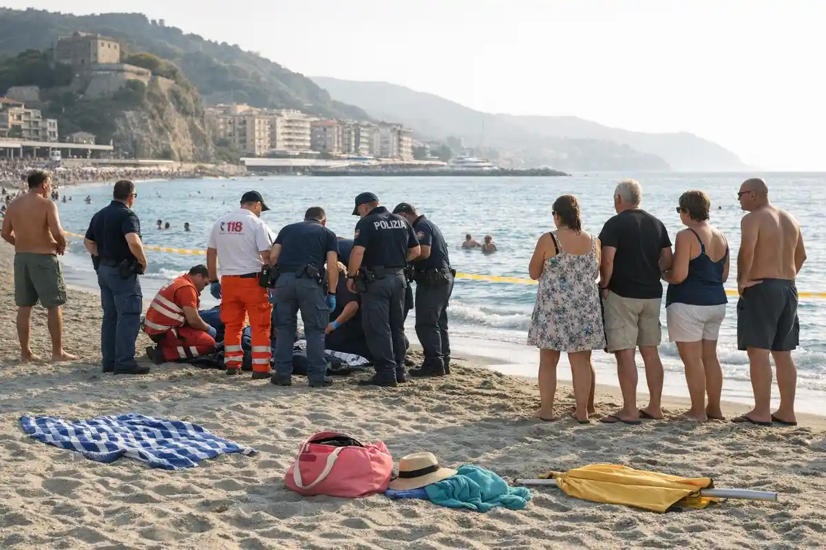 Polizia e soccorritori sulla battigia con nastro di sicurezza, mentre alcuni bagnanti osservano sulla spiaggia