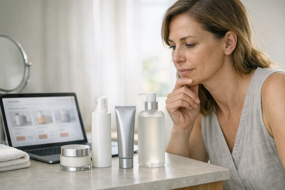 Donna osserva prodotti skincare su un piano con laptop aperto su pagina di shopping online