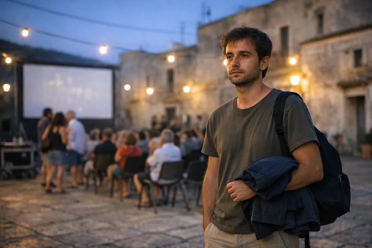Giovane uomo con zaino in una piazza al tramonto, davanti a uno schermo di cinema all’aperto e al pubblico seduto