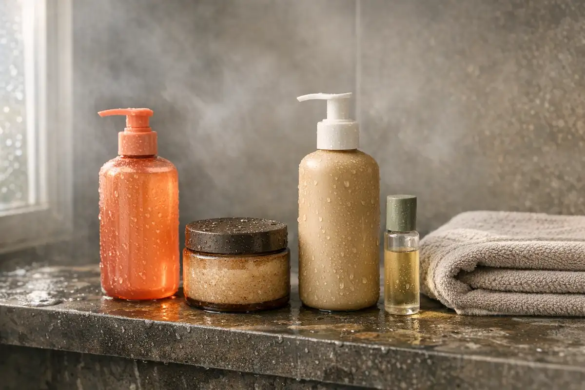 Prodotti body care senza etichette su mensola bagnata in doccia: flaconi con pompa, scrub in barattolo e olio roll-on