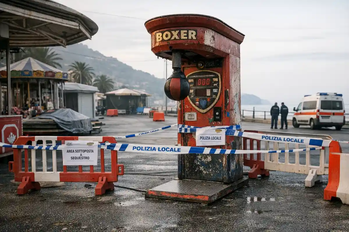 Macchina da pugni “Boxer” transennata con nastro “Polizia Locale” sul lungomare, con pavimento bagnato e ambulanza sullo