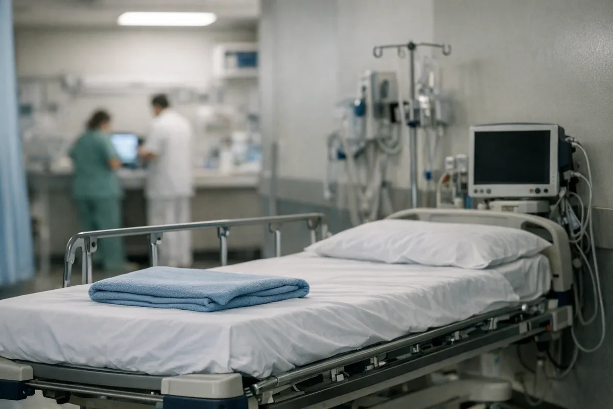 Letto d’ospedale vuoto con coperta piegata e monitor spento, personale sanitario sfocato sullo sfondo