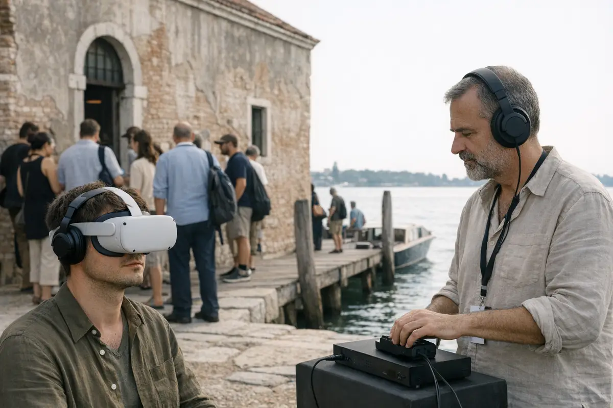 Partecipante con visore VR e cuffie vicino a un molo sulla laguna, mentre uno staff regola l’attrezzatura