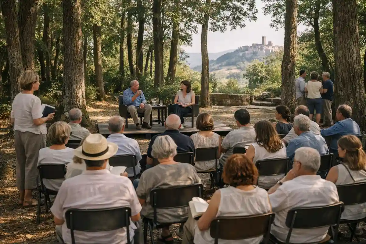 Pubblico seduto nel bosco ascolta un dialogo su un piccolo palco, con borgo collinare sullo sfondo