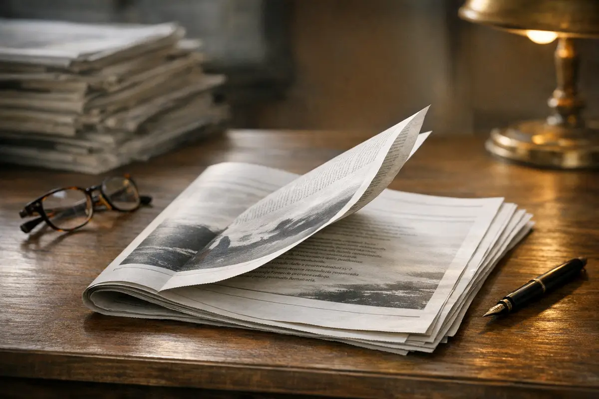 Supplemento culturale aperto su scrivania di legno, con una pagina sollevata come da una brezza, occhiali e penna accanto