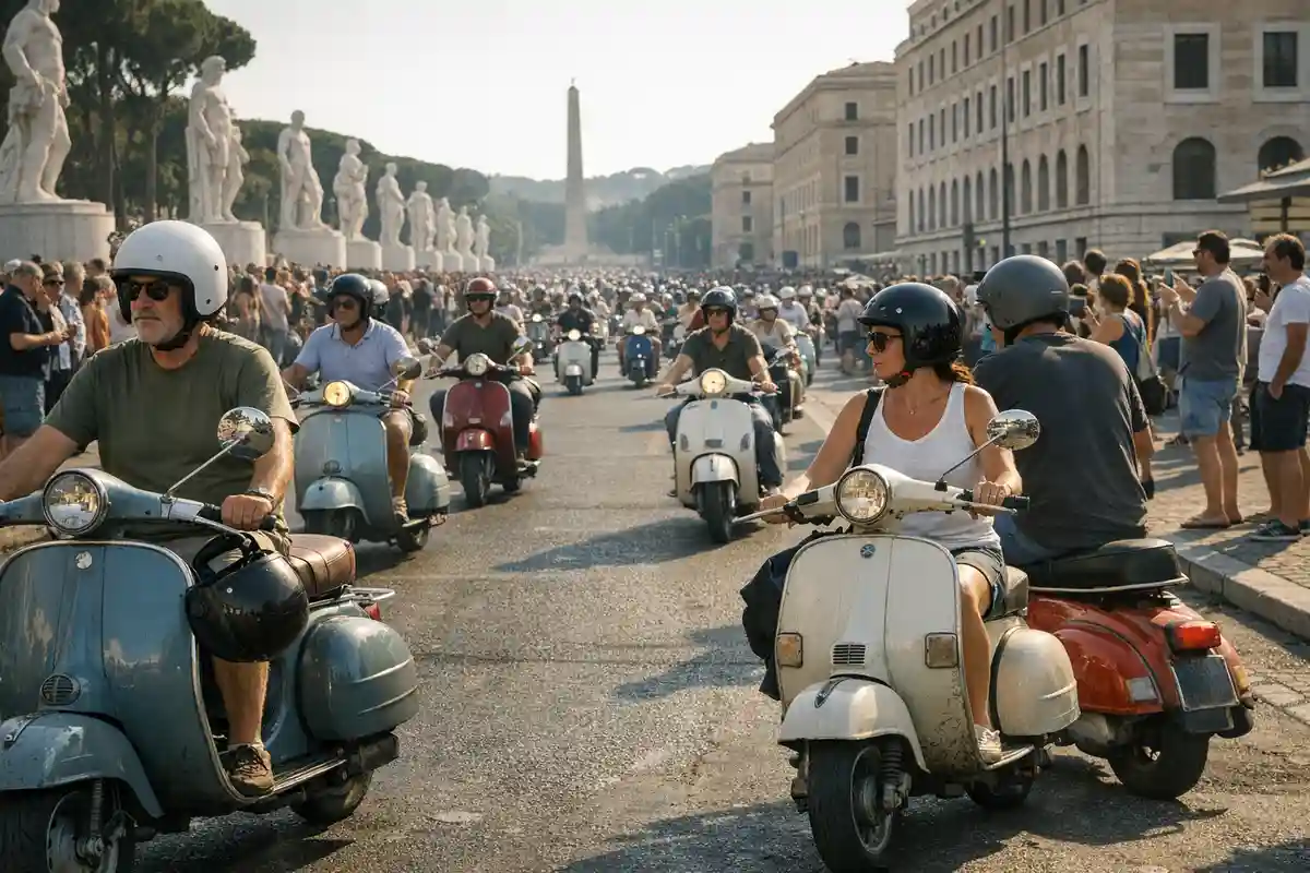 Parata di scooter su un viale di Roma con statue marmoree ai lati, folla di spettatori e un obelisco sullo sfondo