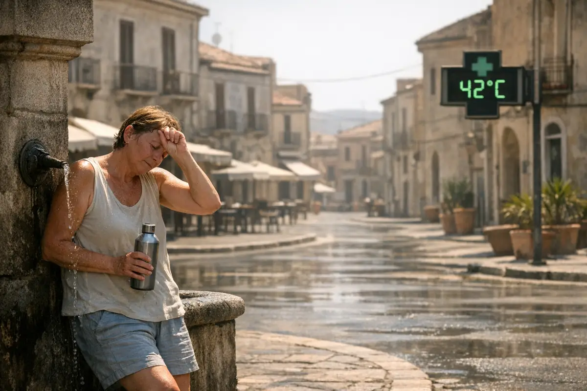 Persona accaldata vicino a una fontana in una piazza assolata, con display digitale che segna 42°C