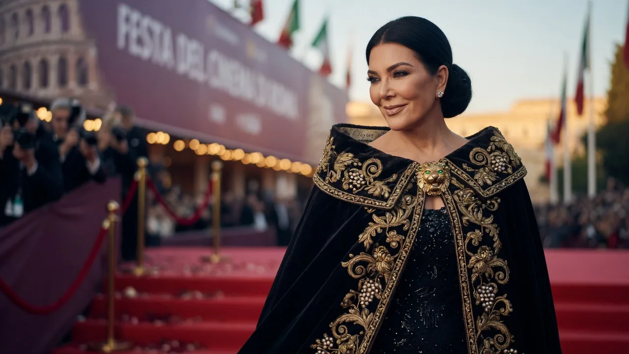 Kris Jenner al Rome Film Festival con il mantello vintage di Elizabeth Taylor disegnato da Karl Lagerfeld